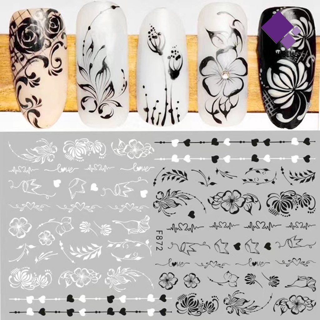 Naiveblue &gt; Stiker Kuku Motif Kupu-Kupu / Bunga Warna Hitam / Putih Untuk Nail Art / Manicure DIY Butterfly