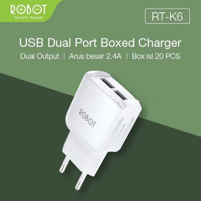 Charger ROBOT RT-K6 2.4A Dual Output Original - Garansi 1 Tahun