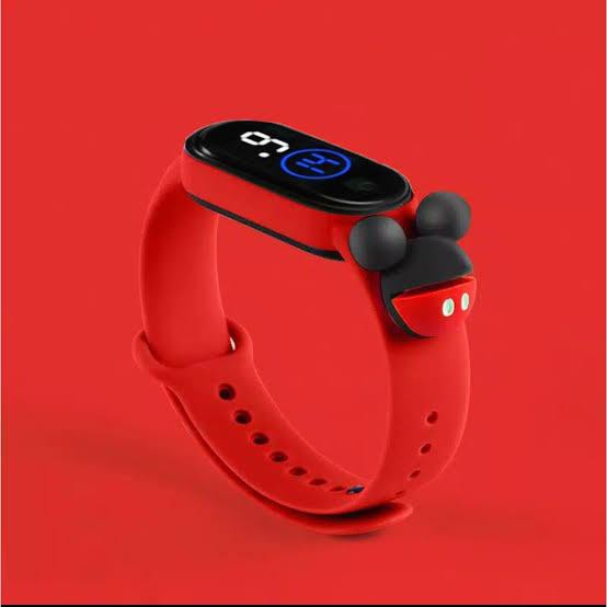 Jam Tangan Elektronik Tahan Air IP67 Motif Kartun Anak Laki-laki Perempuan LED Minimalis Gelang-Red Mickey