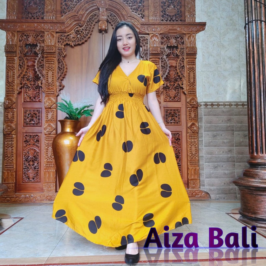 Dress Daster Panjang Mozza Motif Coffee Lengan Pendek Rayon Super Premium Bali Terbaru Kekinian Paka