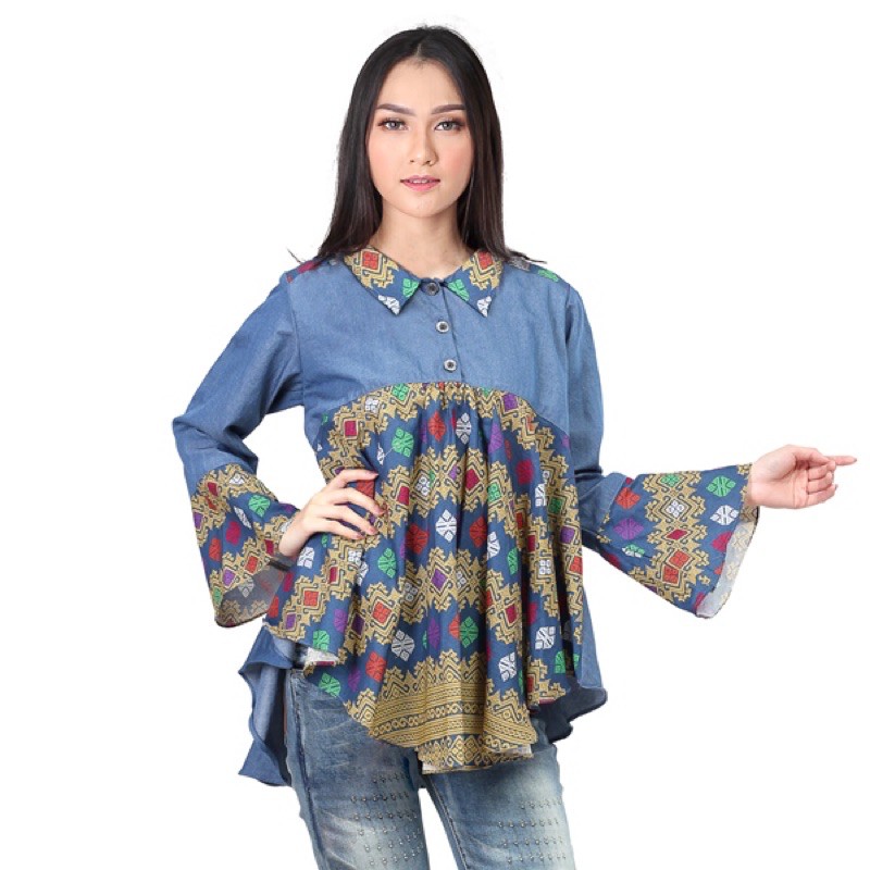 Dress Casual Wanita unik / Motif etnik biru muda / Korea (Termurah)