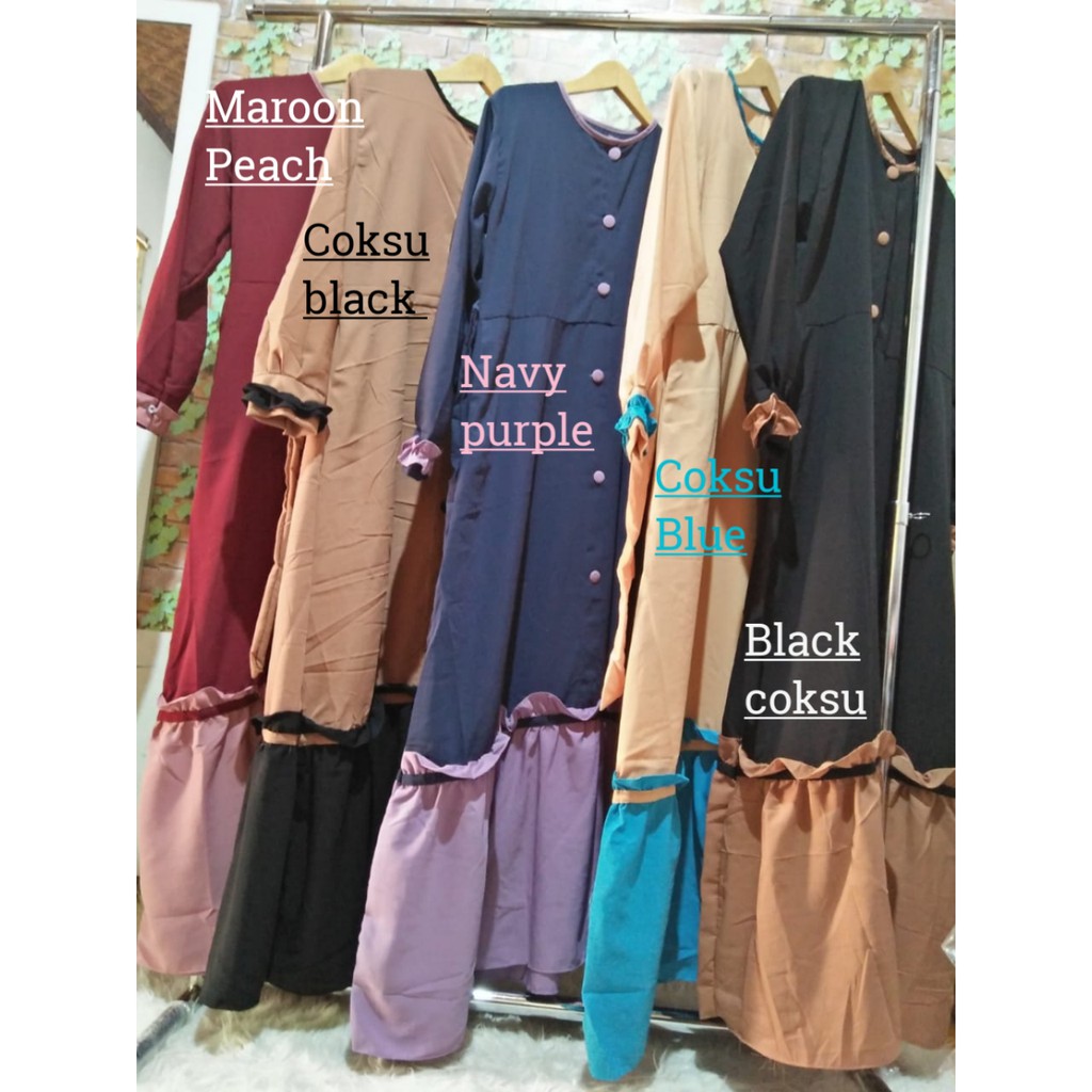 Gamis aulia wolfis toyobo Ruffle rempel 2 warna serut kancing syari baju muslim busana