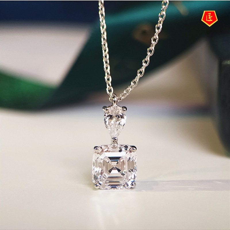 [Ready Stock]Pink Diamond Square Necklace Female Fairy S925 Silver Pendant Simple and Elegant