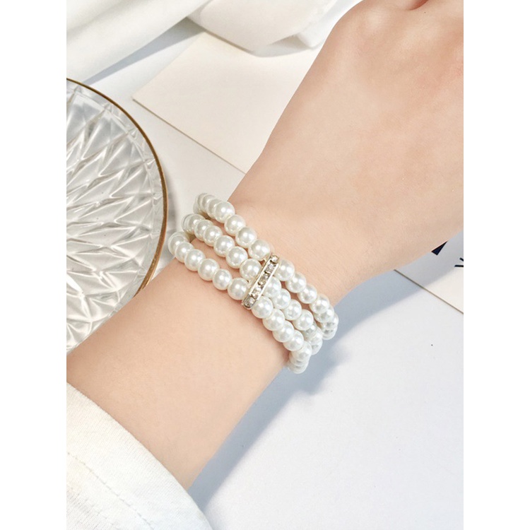 Gelang Mutiara Berlian Imitasi Multilayer Elastis Adjustable Gaya Korea Untuk Wanita