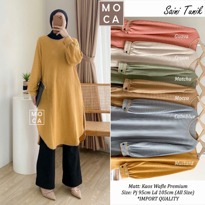 baju tunik wanita terbaru bahan import Saini tunik kaos waffle - mustard, L