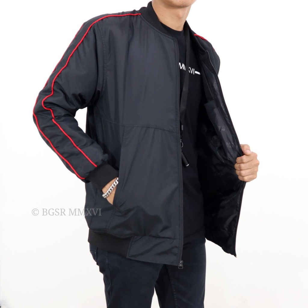 BGSR Jaket Bomber Bulat List Hitam Jaket Parasut Pria