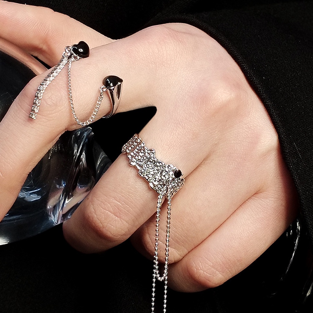 Hu Hu Hu Hu Hu Alat Bantu Pasang Kacamata♡ Cincin Model Terbuka Desain Rantai Rumbai Hias Berlian Imitasi Berkilau Adjustable Untuk Wanita