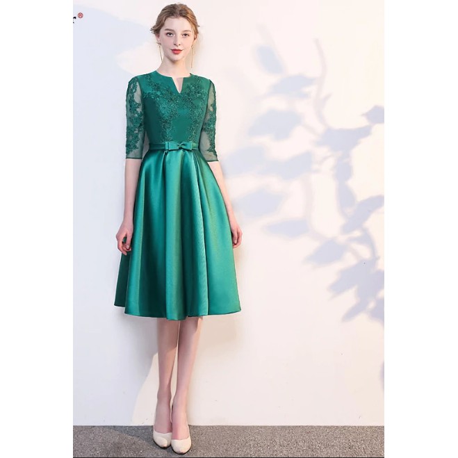 gaun pesta dewasa new sexy V-neck half-sleeved lace satin A Line Emerald green bridesmaid dress 2021