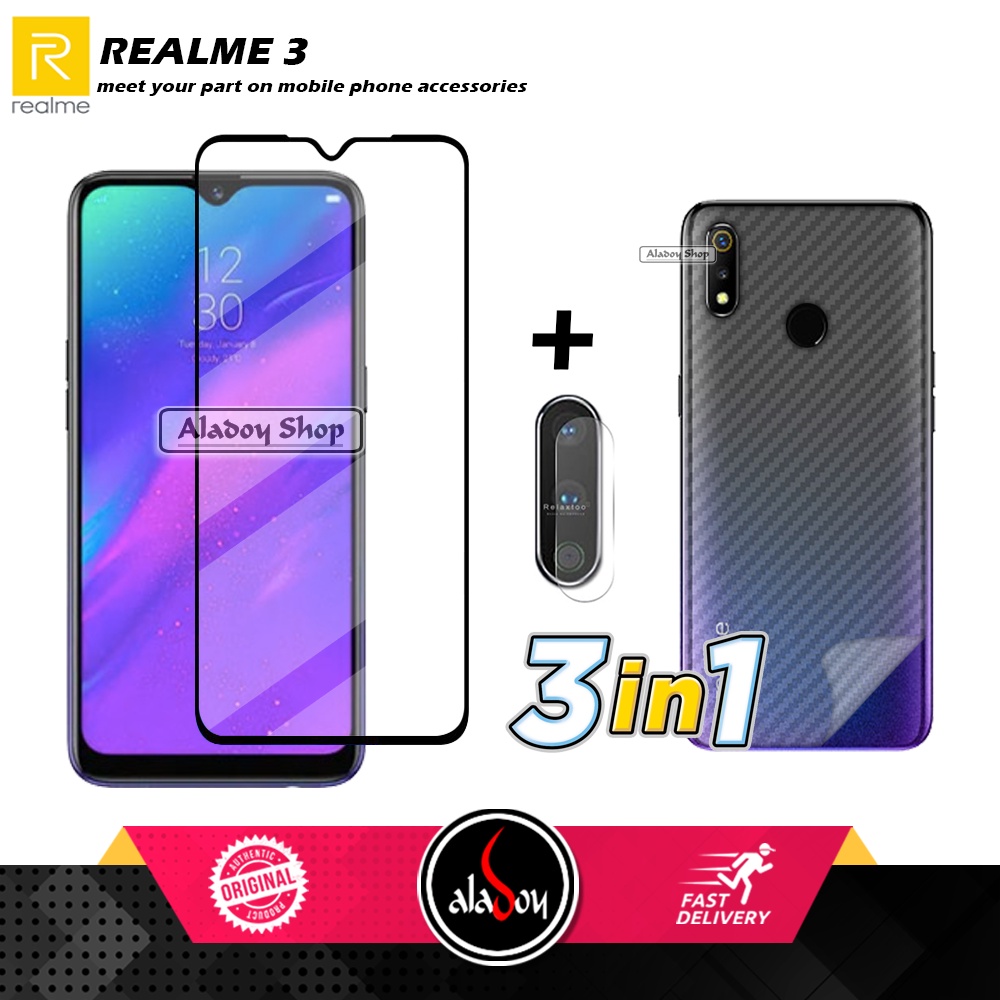 PAKET 3 IN 1 Tempered Glass Layar Realme 3 Free Tempered Glass Camera dan Skin Carbon