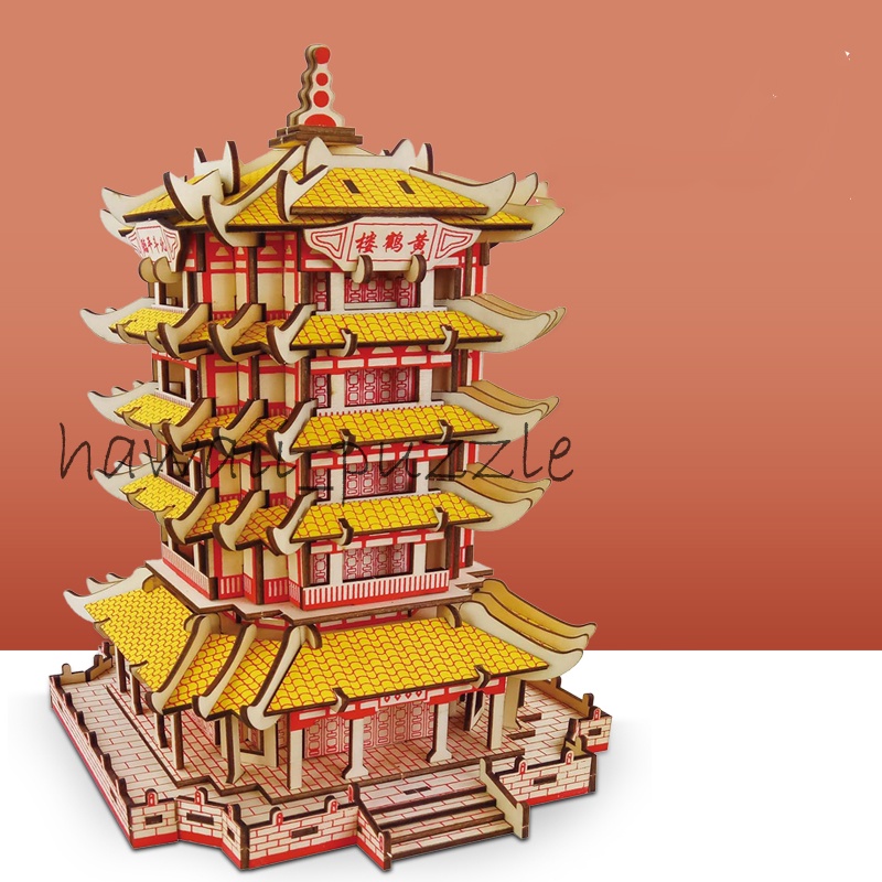 Puzzle 3D DIY bahan kayu model HUANG QUE LOU turis atraksi mainan puzzle edukasi anak (kado &amp; pajangan)