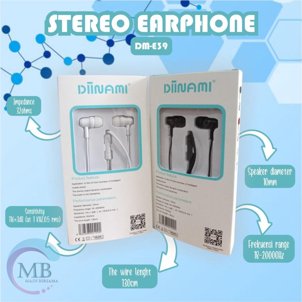 BM031 Headset DIINAMI E39 stereo Earphone Bass Android iPhone Original With MIC - Garansi 1 Tahun MB2814