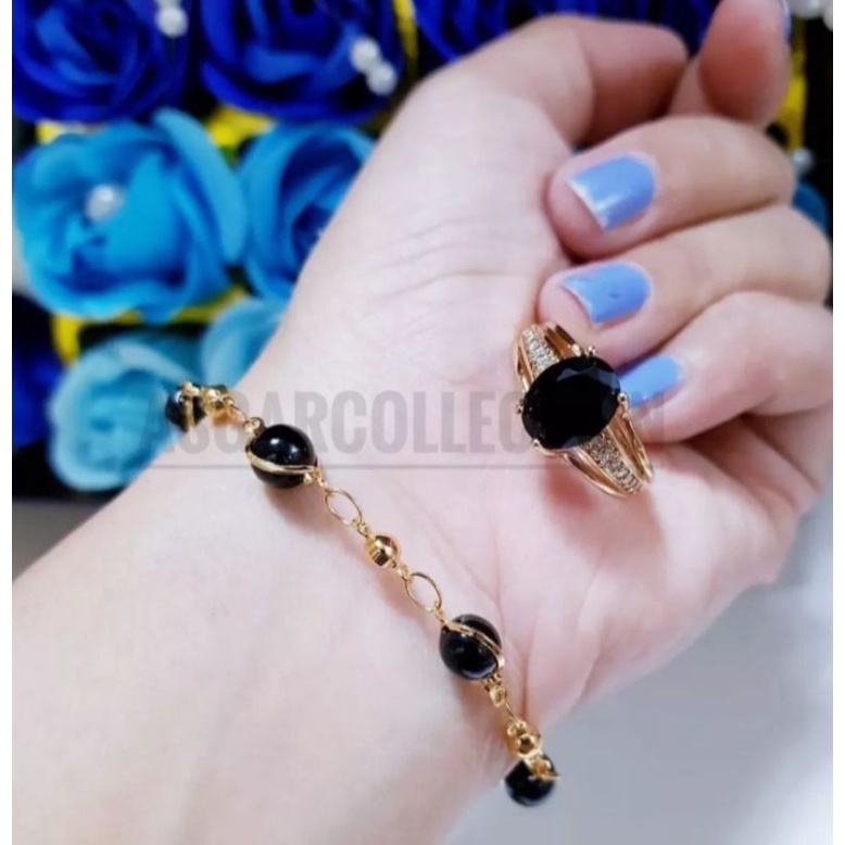 set gelang permata hitam dan cincin Rosegold fashion wanita titanium original anti luntur