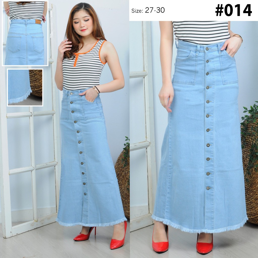 MC girl Rok Panjang Jeans Full Kancing Rawis Wanita / Rok Panjang Kancing Depan Rumbai Cewek