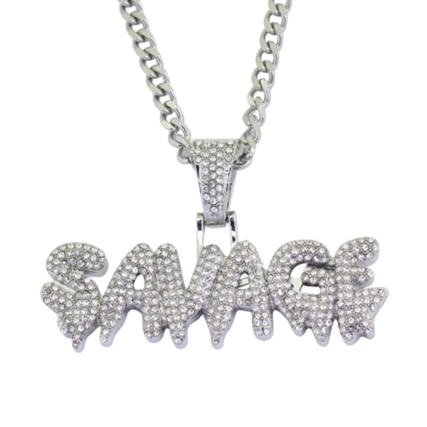 SEUSUK Hip Hop Brass Gold Chain Miniature Pavé Cubic Zircon SAVAGE Pendant Necklace Charm Men's Gift