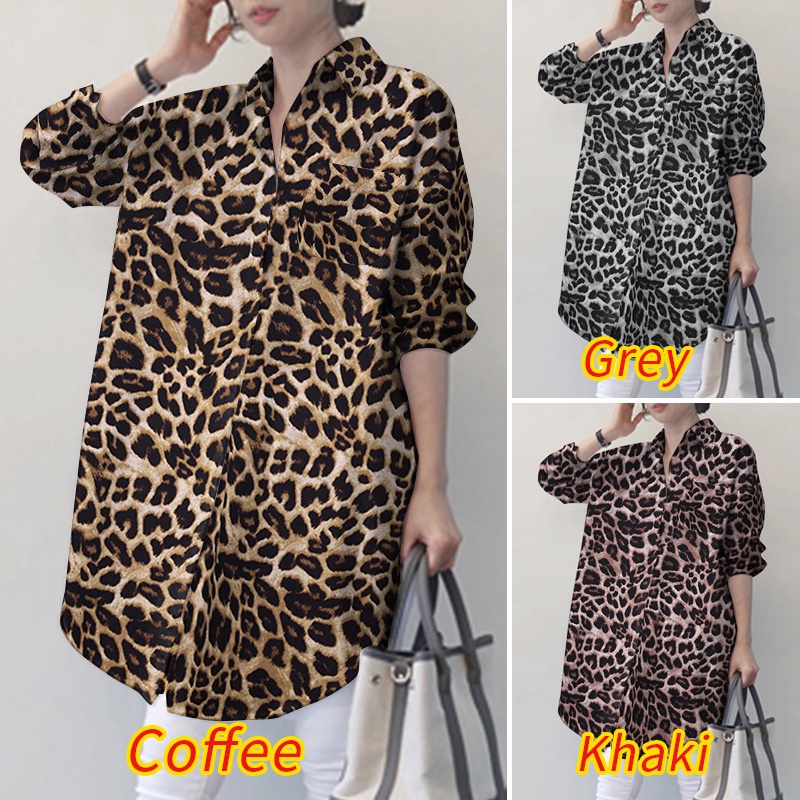 ZANZEA Women Casual Daily Turn-Down-Collar Leopard Printed  Long Sleeve Loose Blouse