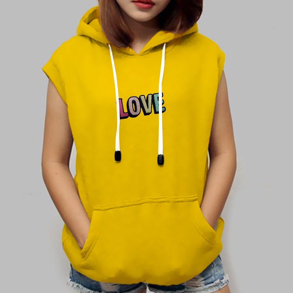 SLEEVELESS HOODIE ROMPI MOTIF BORDIR LOVE / VEST HOODIE WANITA TEBAL