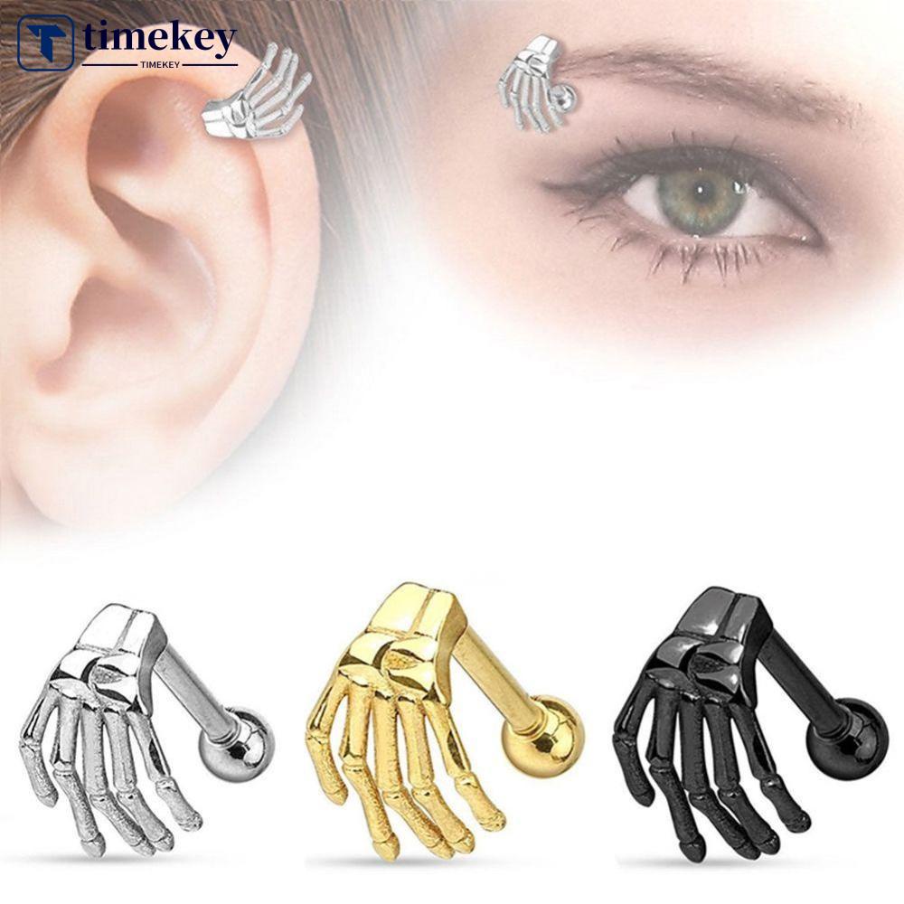 Timekey 1pc Anting Tindik Tulang Rawan Telinga Desain Tangan Tengkorak Bahan Stainless Steel A2K6