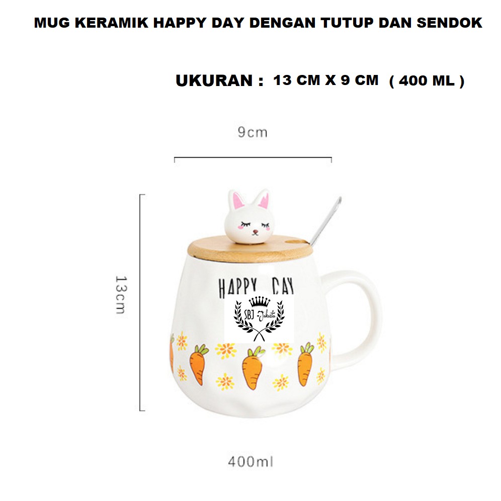 Cangkir Keramik Happy Day Gift Set Ceramic Mug 400 ml dengan Tutup dan sendok