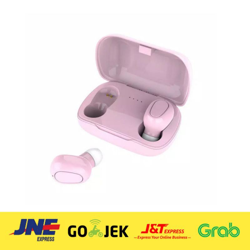 EARPHONE HEADSET WIRELESS BLUETOOTH TWS L-21 R L HITAM PUTIH PINK