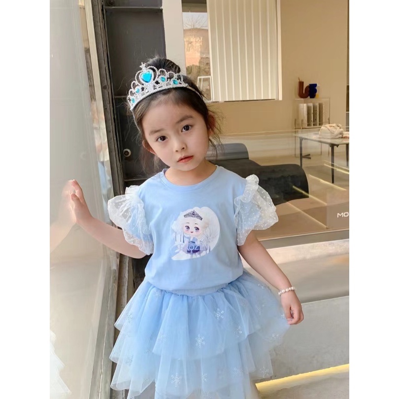 Setelan Anak Perempuan Kaos dan Rok Tutu Plus Legging Princess Frozen Elsa Import Premium