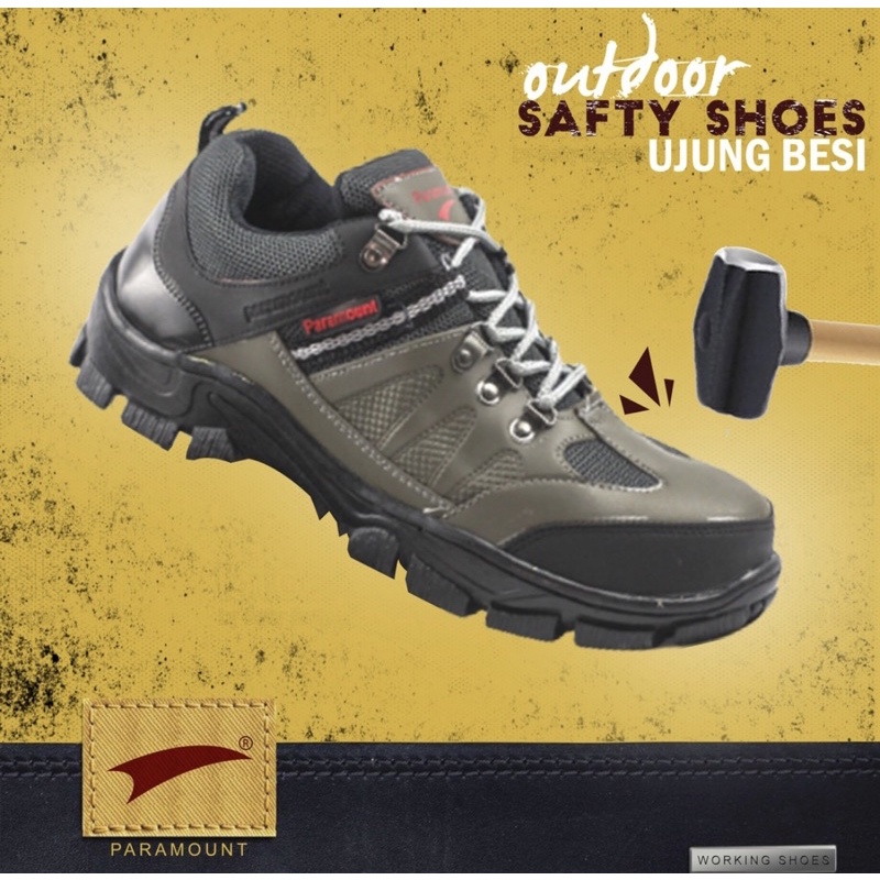 Sepatu Safety Ujung Besi Paramount // Sepatu Kerja Lapangan Proyek // Sepatu Pria Keren // Sepatu Kulit Pria Hiking 100% Realpict