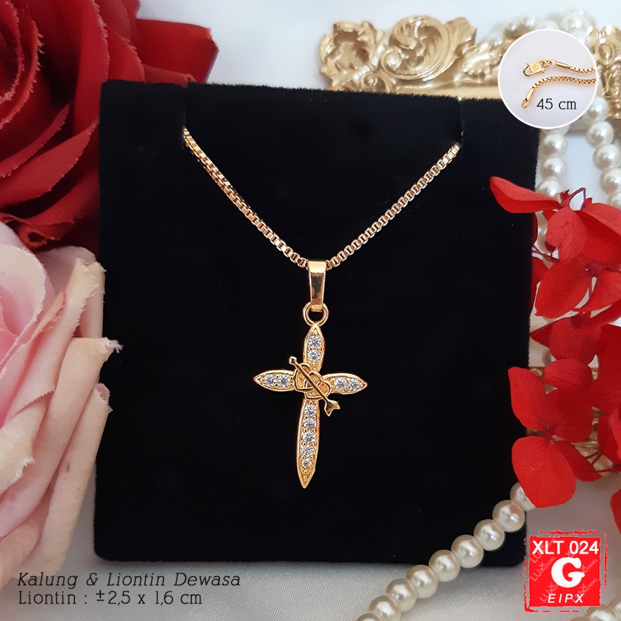 XLT 024  Kalung Salib Yesus Kristus Permata Zirkon Perhiasan Imitasi Lapis Emas 18K Aksesoris Rohani Kristen Katolik Rosario Luxx Xuping