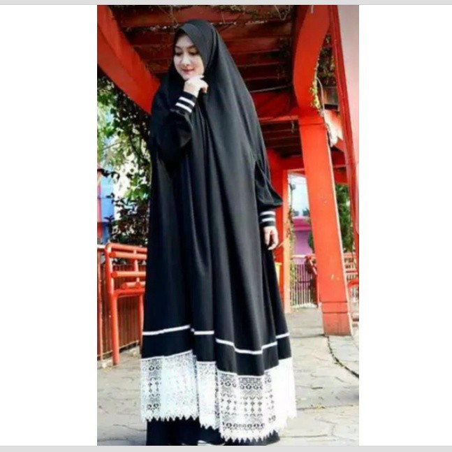 Hijab Syari model tangan bolong cardigan variasi Renda Lebar bahan Jetblack