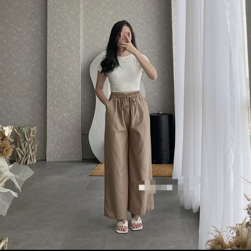 Celana Wanita Kekinian WIDI PANTS Kulot Jumbo Panjang Bahan Linen Rami Premium Import Fashion Bawahan Dewasa Ootd Pinggang Full Karet Serut Highwaist Cewek Remaja Model Ala Korea Gaya Modern Murah Dan Terbaru Hitam-3