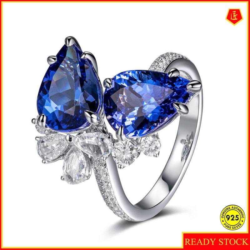 Cincin Berlian Sapphire Biru Ganda Bentuk Pir Model Terbuka Untuk Wanita