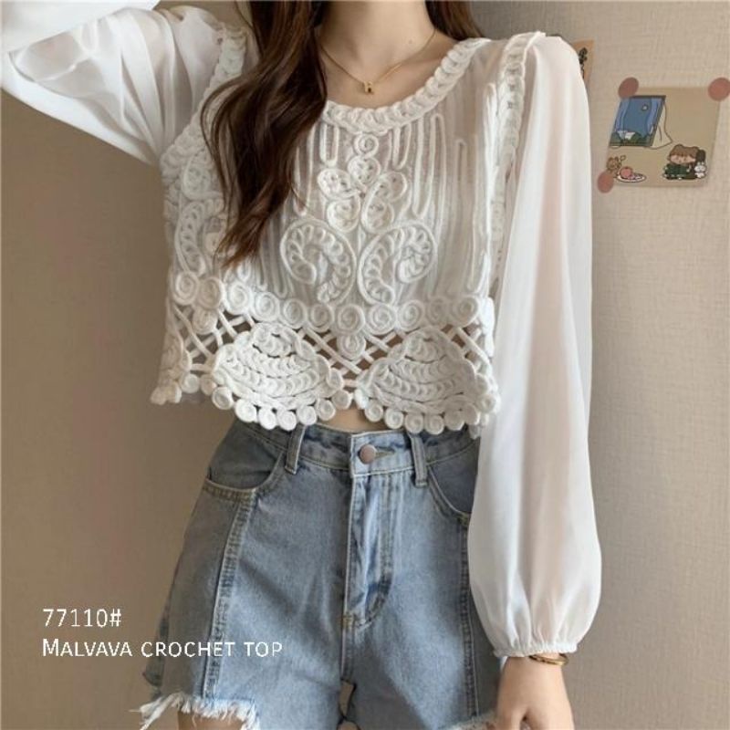 MDLV ~ 77110 MALVAVA CROCHET TOP KOREA IMPORT ATASAN CROP LENGAN PANJANG BRUKAT FASHION IMPORT