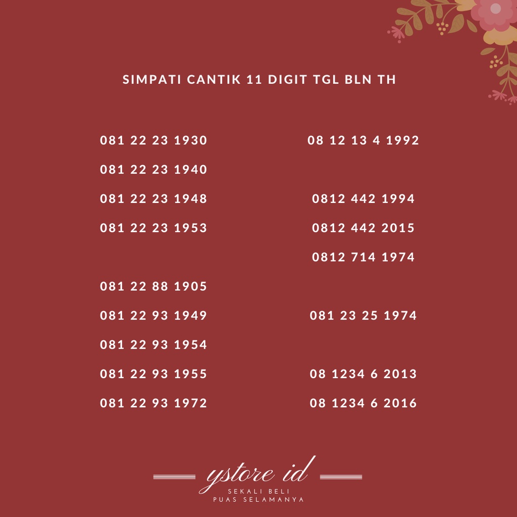 Tanggal Bulan Tahun | NOMOR CANTIK SIMPATI 11 DIGIT PERDANA TELKOMSEL 1972 1992 1994 2013 2015 2016