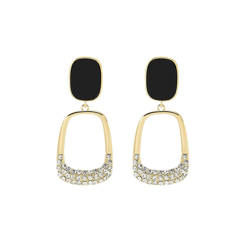 Anting Tusuk Motif Geometri Hollow Hias Berlian Imitasi Simple Ala Korea Untuk Wanita