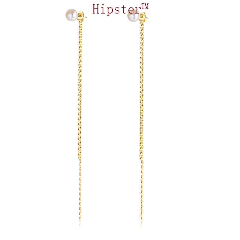 INS Cool Style Tassel Pearl Light Luxury Metal Texture Hanging Earrings