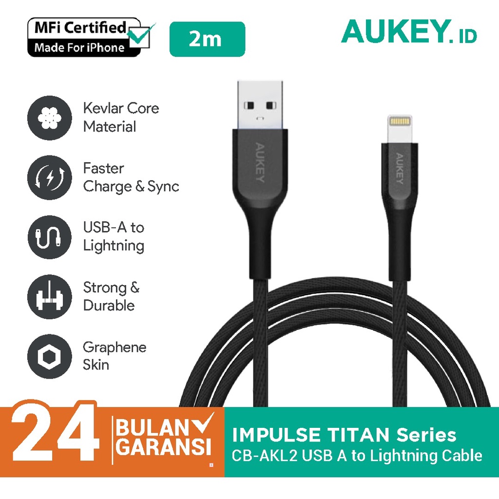 Aukey Cable CB-AKL2 Black MFI USB A To Lightning Kevlar 2M