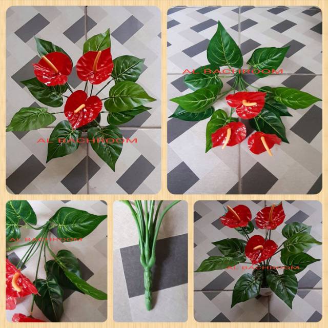 ANTHURIUM MERAH BK3 B8174 BUNGA PLASTIK DAUN HIAS IMITASI TANAMAN PLASTIK DAUN PLASTIK MURAH AGLONEMA