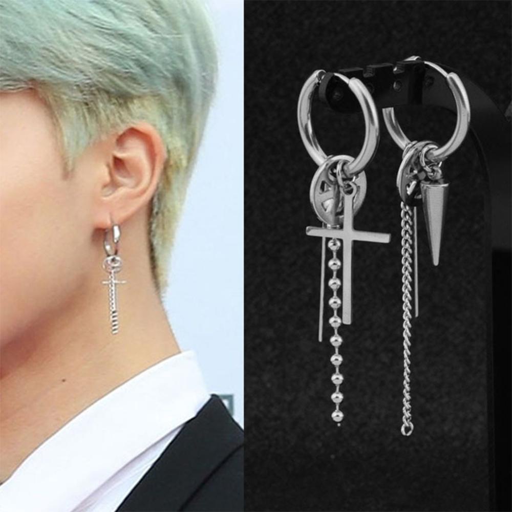 Timekey Anting Tusuk Rantai Panjang Desain Geometri Simple Bahan Baja Untuk Pria M5N5