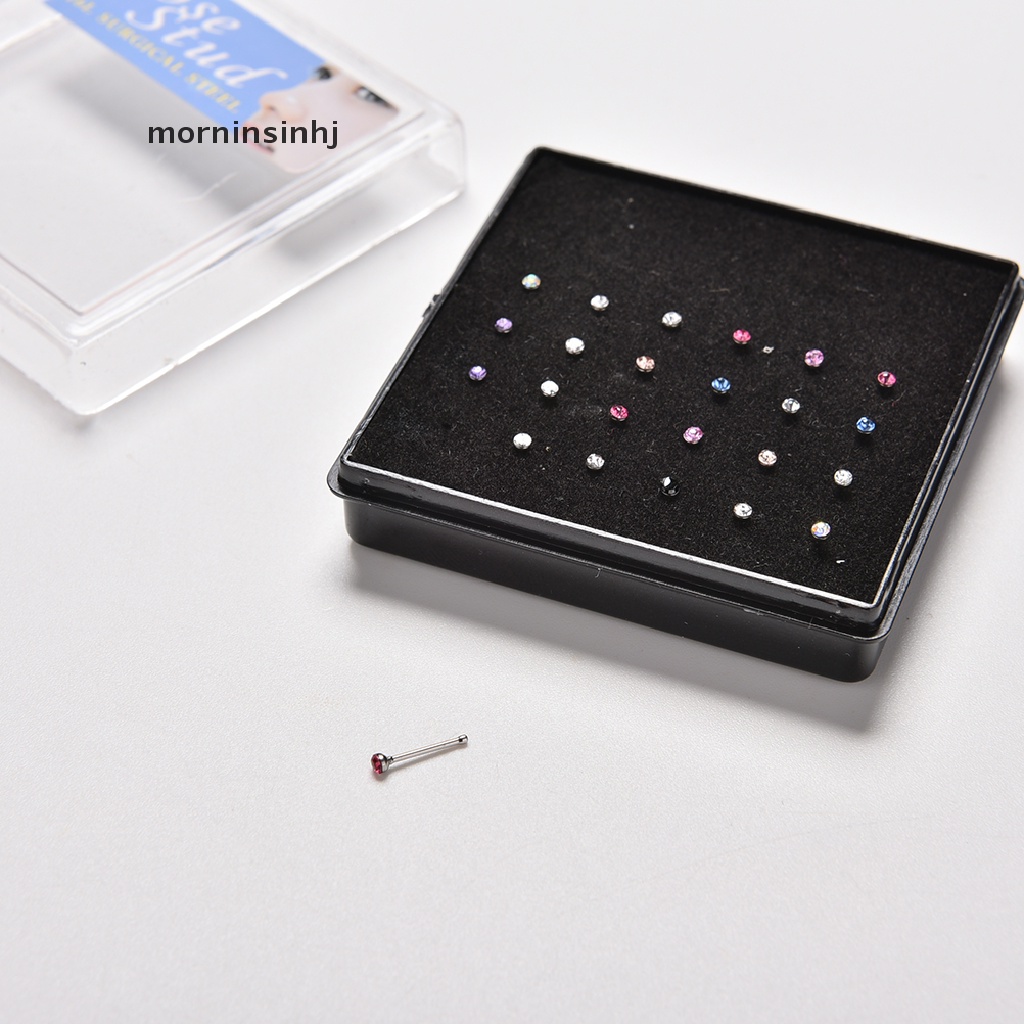 Mornin 24pcs Anting Tindik Hidung Bahan Surgical Steel Hias Berlian Imitasi Untuk Wanita