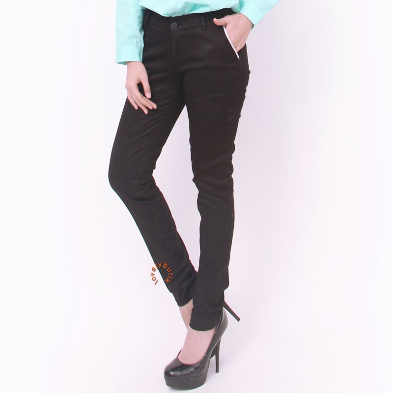 Lovely Plain Chinos Pants Celana Kerja Wanita Hitam - Black