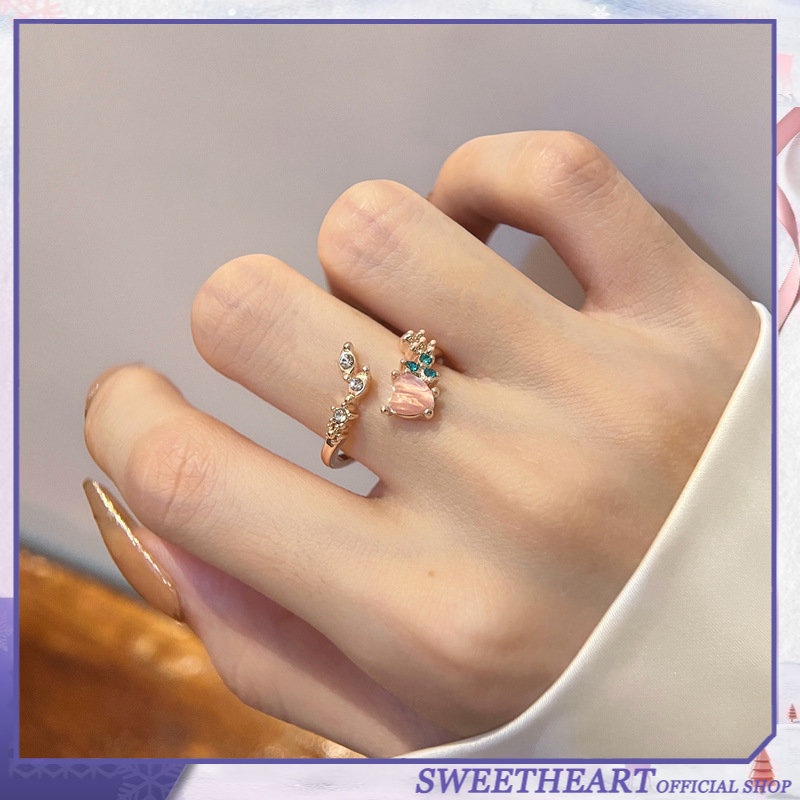 Cincin Model Terbuka Adjustable Desain Hati Ganda Bahan Zirkon Gaya Korea