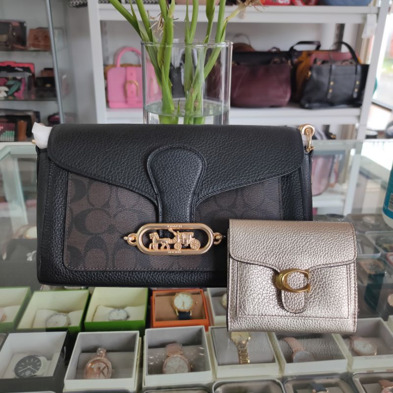 Tas Coach Jade Shoulder Bag Sign Brown Black & Tabby Small Wallet Platinum Original