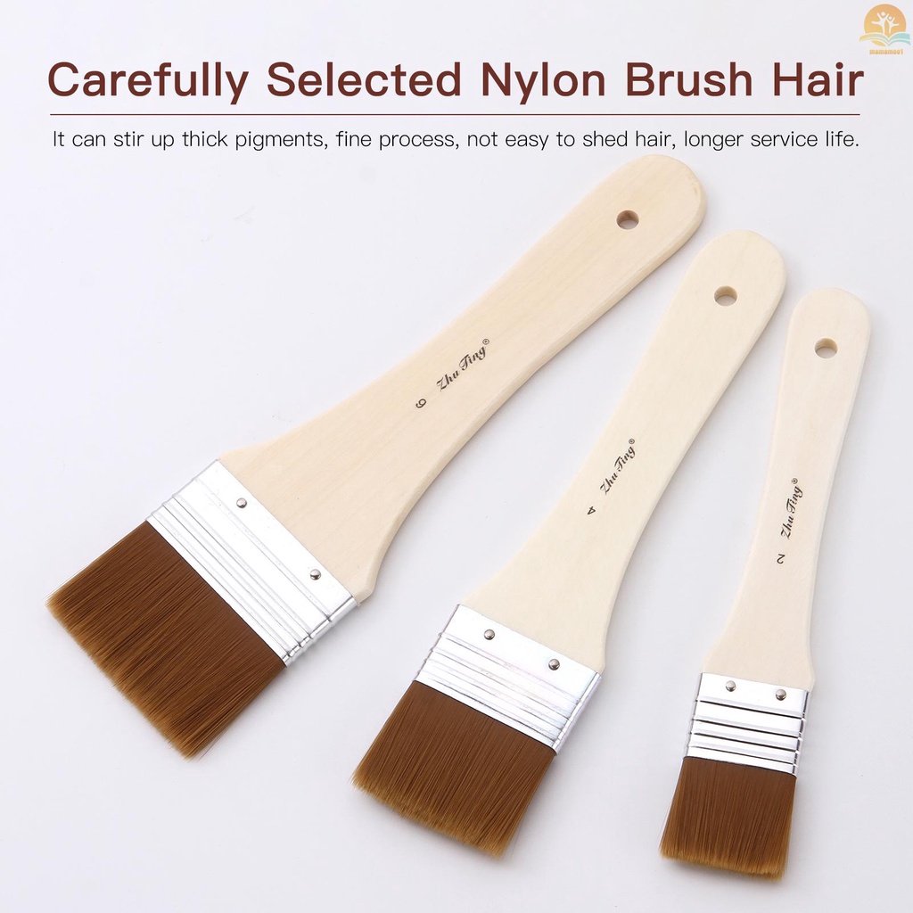 3pcs Professional Flat Paintbrush Set Nylon Hair Paint Brush Wooden Handle Artist Paint Tool for Acrylic Oil Gouache Watercolor Wall Arts and Craft Painting DIY Projects Household Clean