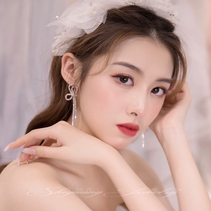 Anting Berpohon Busur Berlian Berkilau Aksesoris Telinga Pesta Korea Wanita