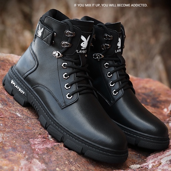 PLAYBOY Martin boots pria  high-top pria sepatu kasual mid-top boots pria musim gugur kulit tooling 