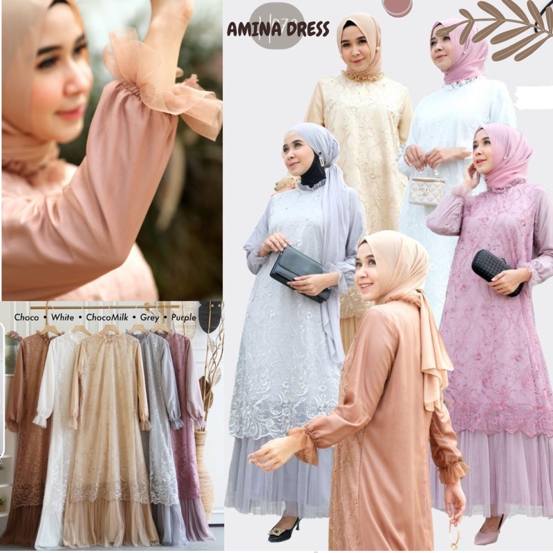 Amina Tille Bordir Ld 100 Pj 140/Dress Tille Mix Brukat/Dress Kondangan/Dress Remaja/Dress Sage