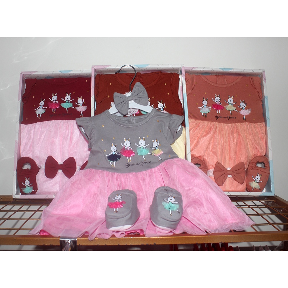 Rabbit 3in1/Kado Bayi Lahiran  ( Dress,Sepatu dan Bando ) Motif Kelinci Bahan Kaos Kombi Tile FREE Bandana Dan Kaos Kaki