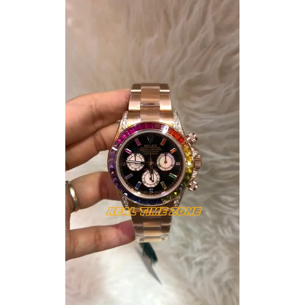 JAM REAL ROLEX DAYTONA RAINBOW ROSEGOLD SWISS ETA CLONE 904L FACTORY 3285 MACHINE MATIC GARANSI 1TH