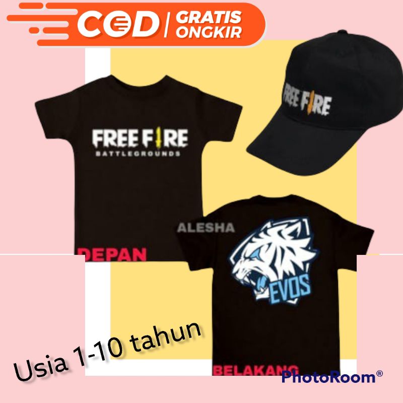 kaos anak karakter EVOS free fire/untuk usia 1-10 tahun/GRATIS TOPI