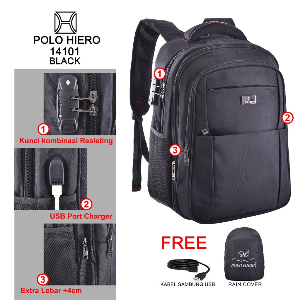 New Model Polo Hiero 14101 Tas Sekolah Ransel Backpack,[Free Kabel USB Extension,Free Rain Cover]