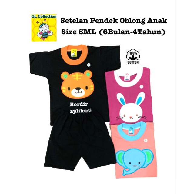 OBRAL! SETELAN PENDEK OBLONG ANAK SIZE S M L (6BULAN-4TAHUN) BORDIR HEWAN