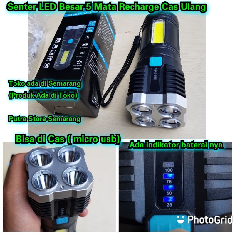 Senter LED 5 Mata Besar Rechargeable Senter Besar Cas Micro Usb Bahan Plastik